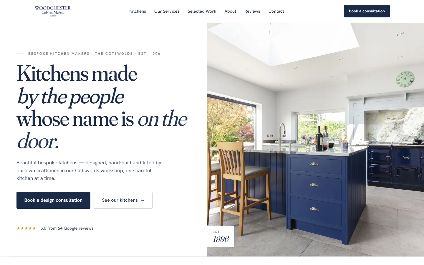a clear headline, a Book a design consultation button and Google reviews on the first screen